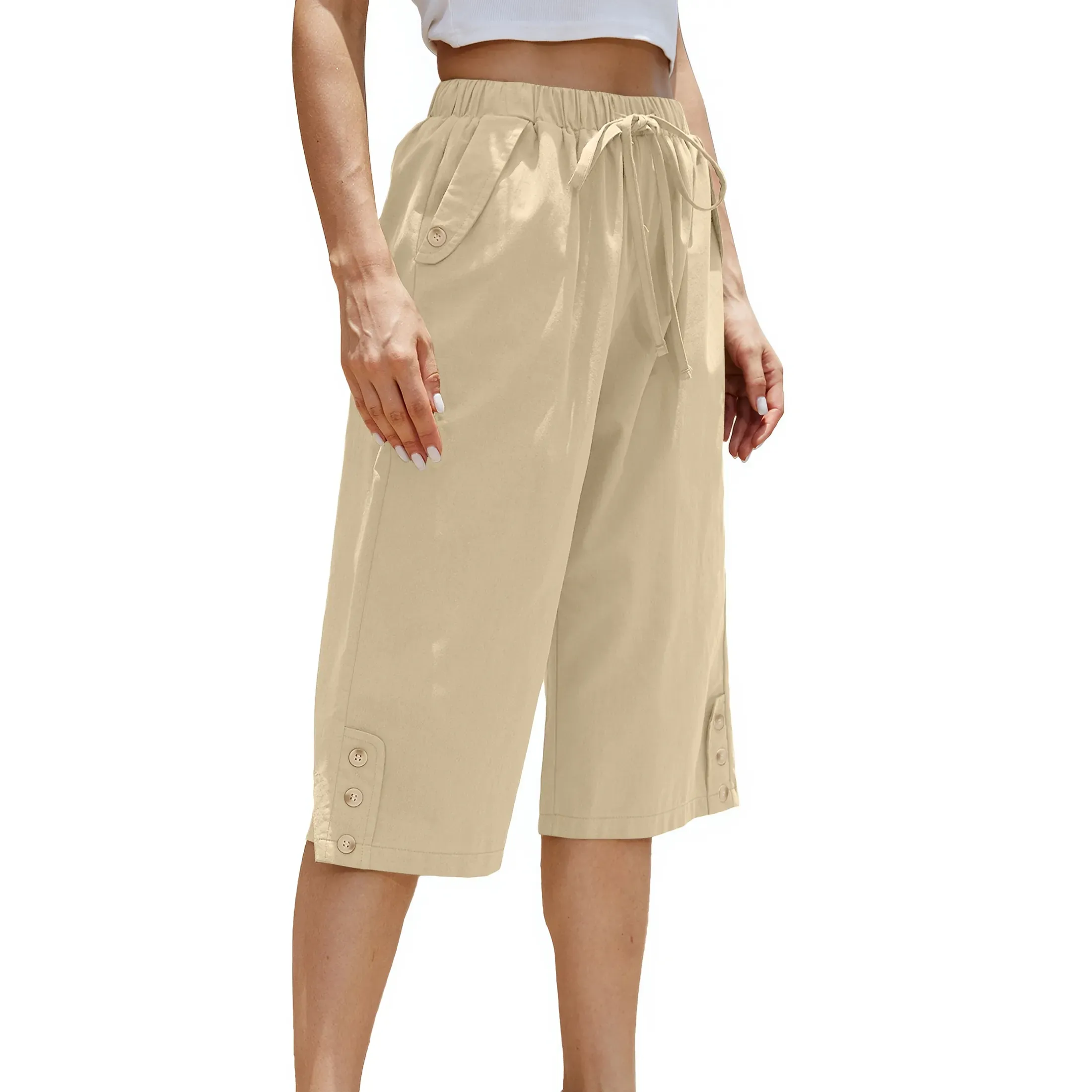 Womens Cropped Pants Drawstring Waist Wide Leg Lightweight Comfort Capris Casual Vacation Trousers (2-Pack)